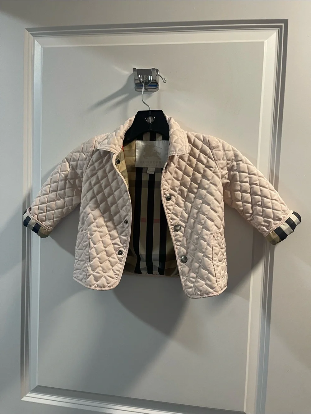 Burberry Kids Pale Pink Quilted Jacket with Signature Check Lining